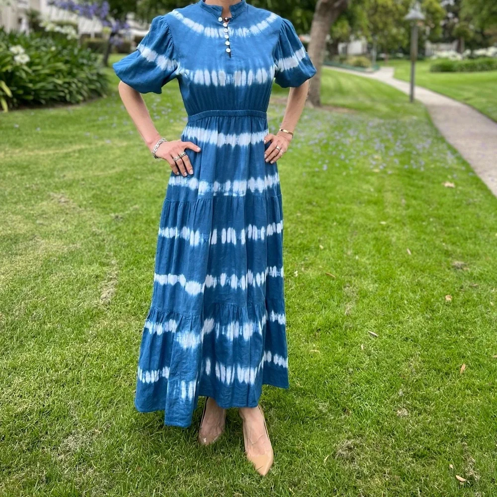 Sole by Mare Sole Amore Linen Blend A-Line Tie Dye Midi Dress White/Blue Sz S - Picture 5 of 12